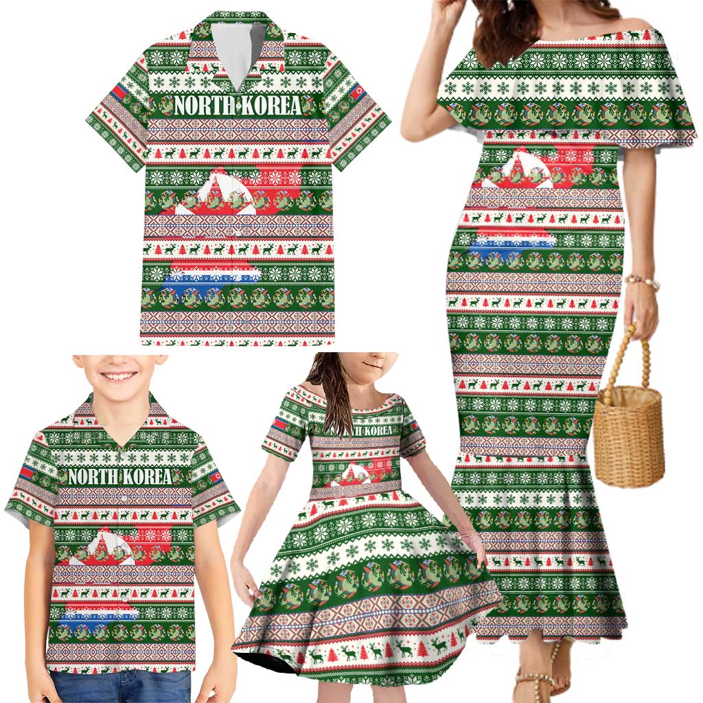 North Korea Christmas Family Matching Mermaid Dress and Hawaiian Shirt with Green-Red Design, National Emblem, and Festive Snowflake Motif - Wonder Print Shop