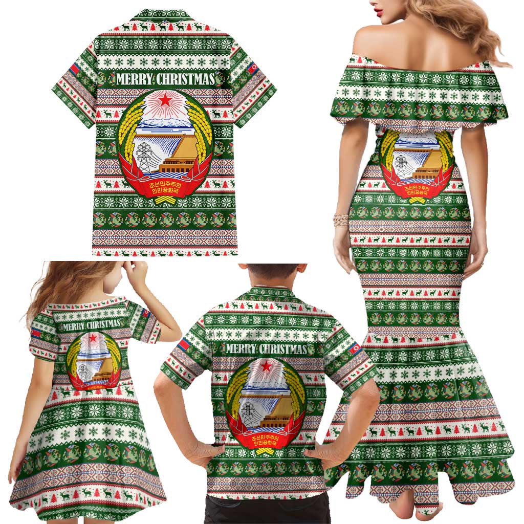 North Korea Christmas Family Matching Mermaid Dress and Hawaiian Shirt with Green-Red Design, National Emblem, and Festive Snowflake Motif - Wonder Print Shop