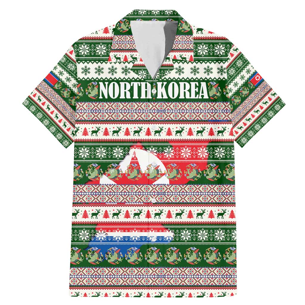 North Korea Christmas Family Matching Mermaid Dress and Hawaiian Shirt with Green-Red Design, National Emblem, and Festive Snowflake Motif - Wonder Print Shop