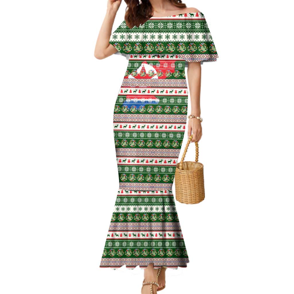 North Korea Christmas Family Matching Mermaid Dress and Hawaiian Shirt with Green-Red Design, National Emblem, and Festive Snowflake Motif - Wonder Print Shop