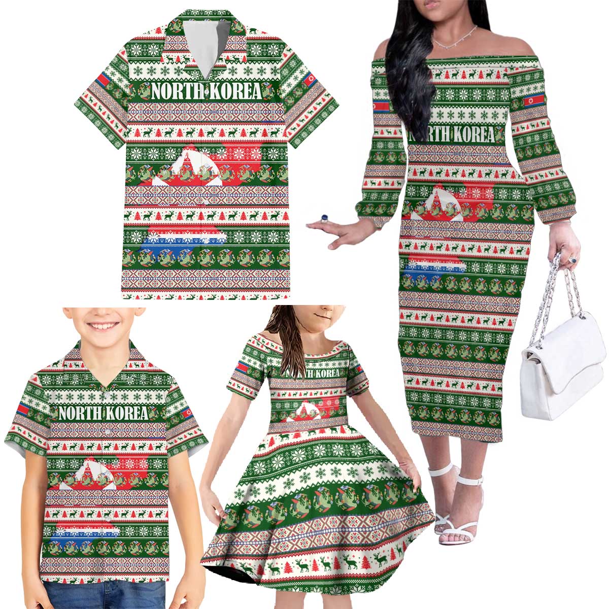 North Korea Christmas Family Matching Off The Shoulder Long Sleeve Dress and Hawaiian Shirt with Green-Red Design, National Emblem, and Festive Snowflake Motif - Wonder Print Shop