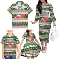 North Korea Christmas Family Matching Off The Shoulder Long Sleeve Dress and Hawaiian Shirt with Green-Red Design, National Emblem, and Festive Snowflake Motif - Wonder Print Shop