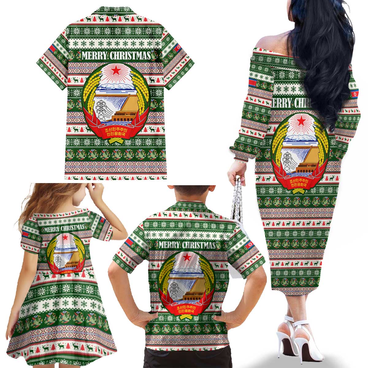 North Korea Christmas Family Matching Off The Shoulder Long Sleeve Dress and Hawaiian Shirt with Green-Red Design, National Emblem, and Festive Snowflake Motif - Wonder Print Shop