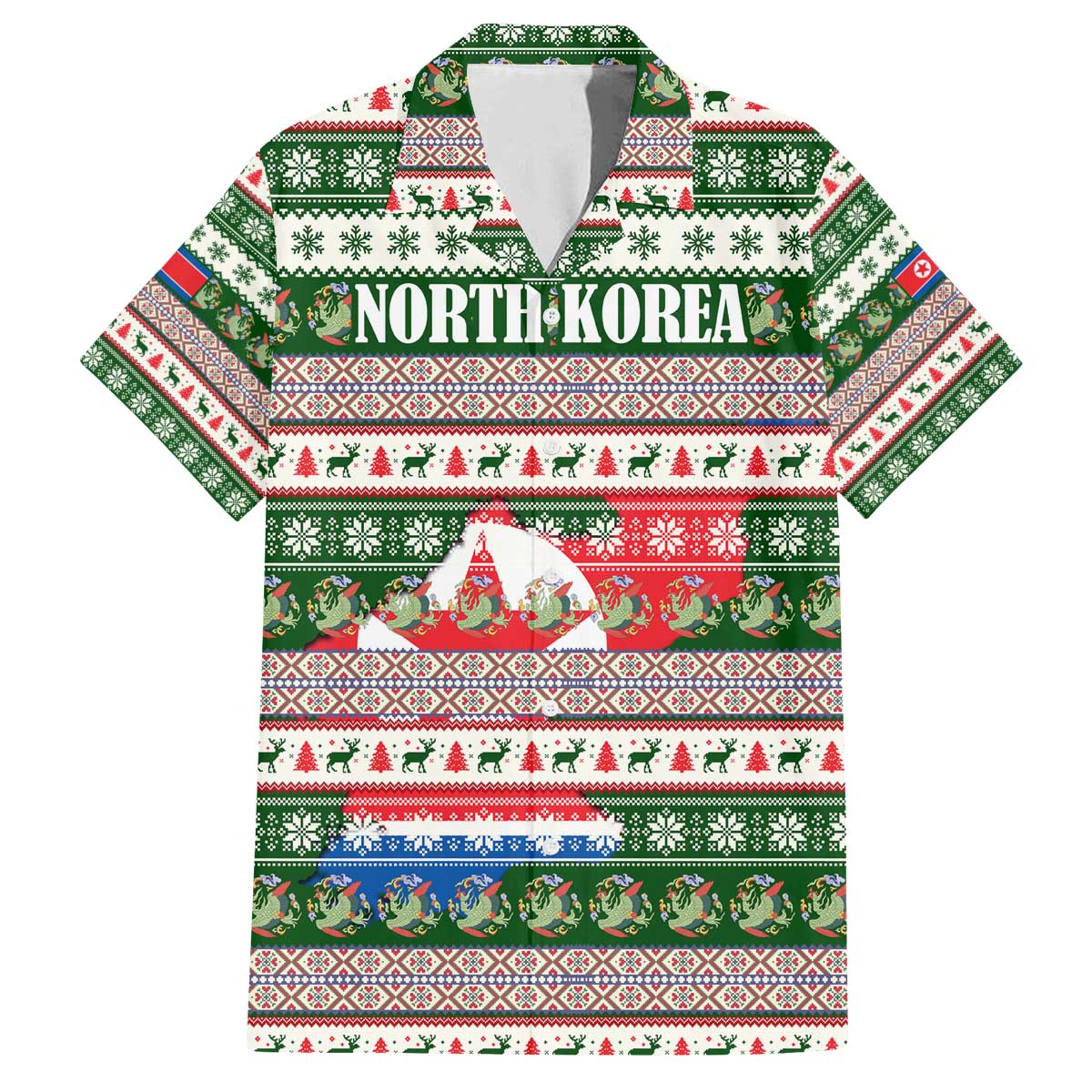 North Korea Christmas Family Matching Off The Shoulder Long Sleeve Dress and Hawaiian Shirt with Green-Red Design, National Emblem, and Festive Snowflake Motif - Wonder Print Shop