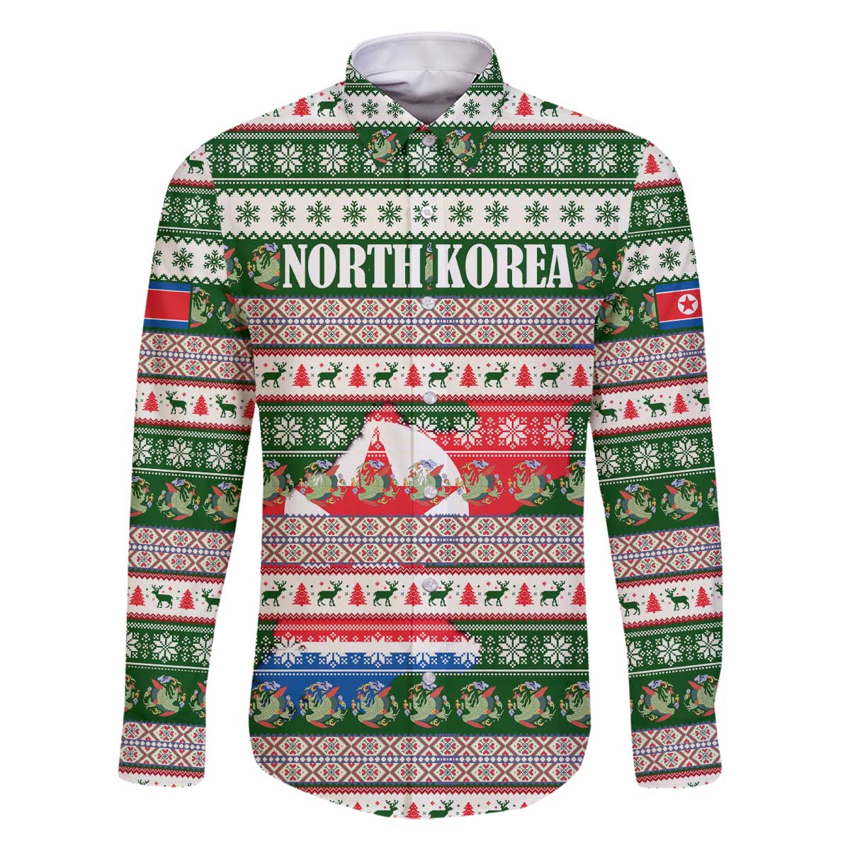 North Korea Christmas Family Matching Off The Shoulder Long Sleeve Dress and Hawaiian Shirt with Green-Red Design, National Emblem, and Festive Snowflake Motif - Wonder Print Shop