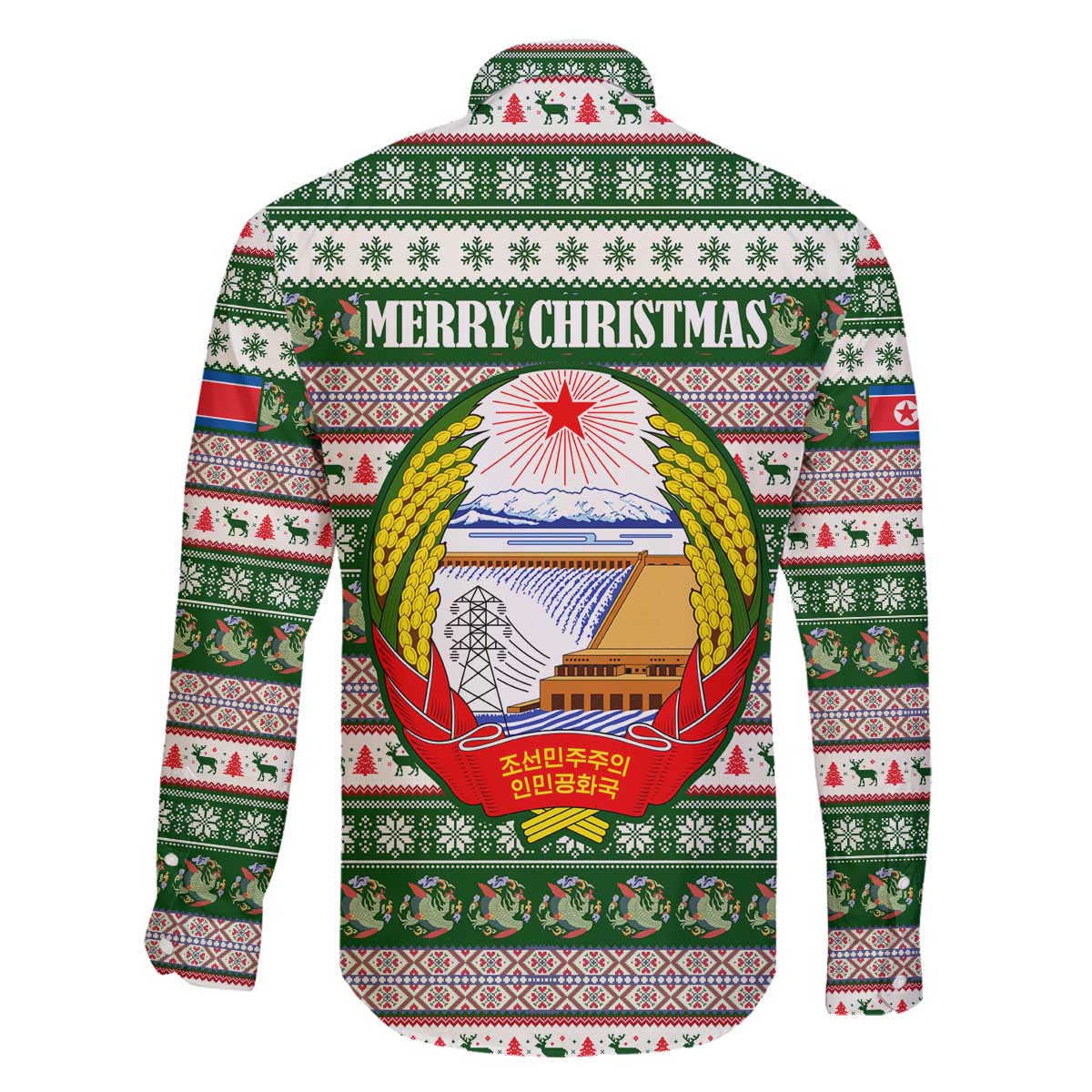 North Korea Christmas Family Matching Off The Shoulder Long Sleeve Dress and Hawaiian Shirt with Green-Red Design, National Emblem, and Festive Snowflake Motif - Wonder Print Shop