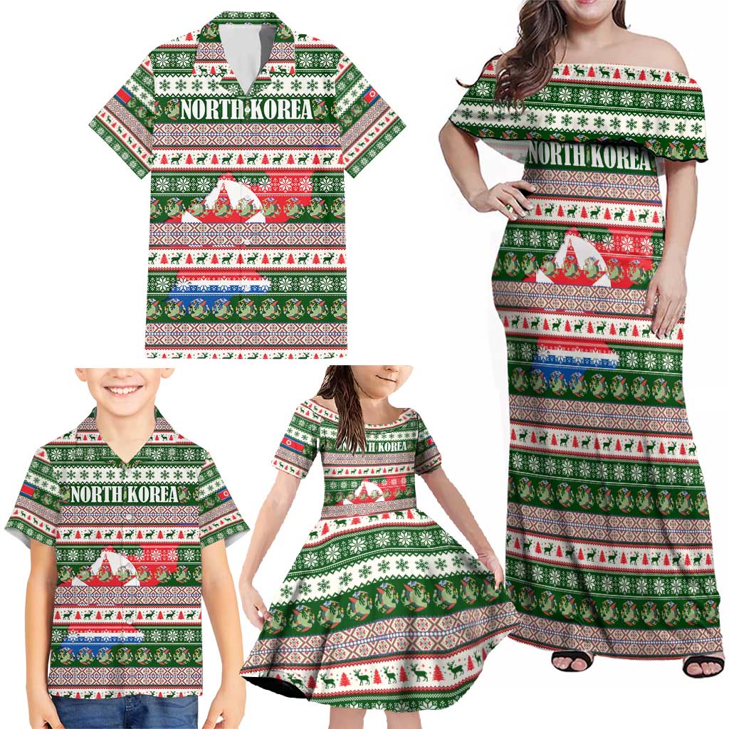 North Korea Christmas Family Matching Off Shoulder Maxi Dress and Hawaiian Shirt with Green-Red Design, National Emblem, and Festive Snowflake Motif - Wonder Print Shop
