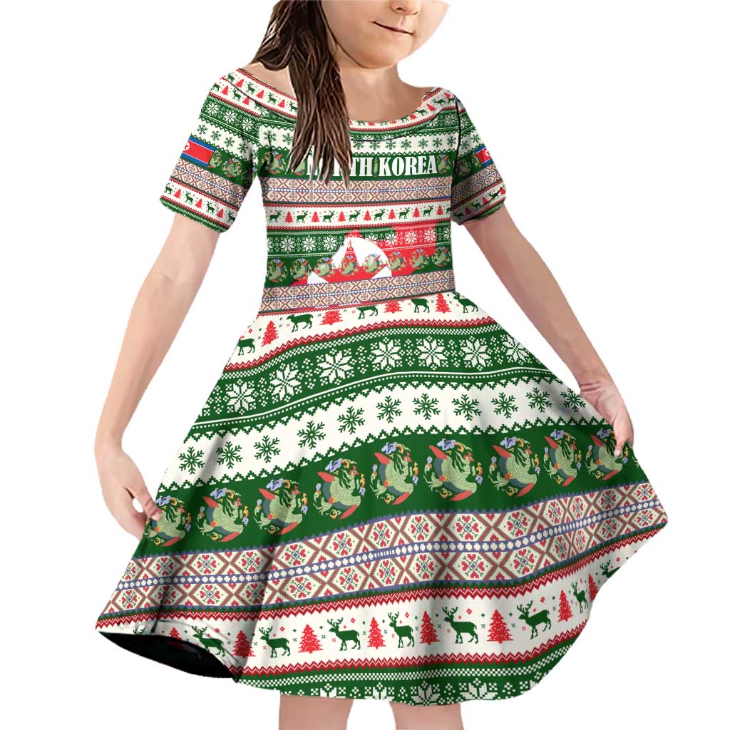 North Korea Christmas Family Matching Off Shoulder Short Dress and Hawaiian Shirt with Green-Red Design, National Emblem, and Festive Snowflake Motif - Wonder Print Shop