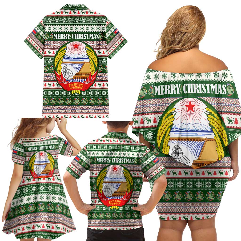 North Korea Christmas Family Matching Off Shoulder Short Dress and Hawaiian Shirt with Green-Red Design, National Emblem, and Festive Snowflake Motif - Wonder Print Shop