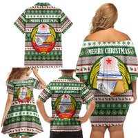 North Korea Christmas Family Matching Off Shoulder Short Dress and Hawaiian Shirt with Green-Red Design, National Emblem, and Festive Snowflake Motif - Wonder Print Shop