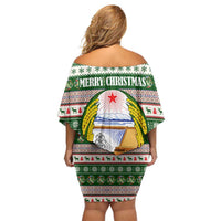 North Korea Christmas Family Matching Off Shoulder Short Dress and Hawaiian Shirt with Green-Red Design, National Emblem, and Festive Snowflake Motif - Wonder Print Shop