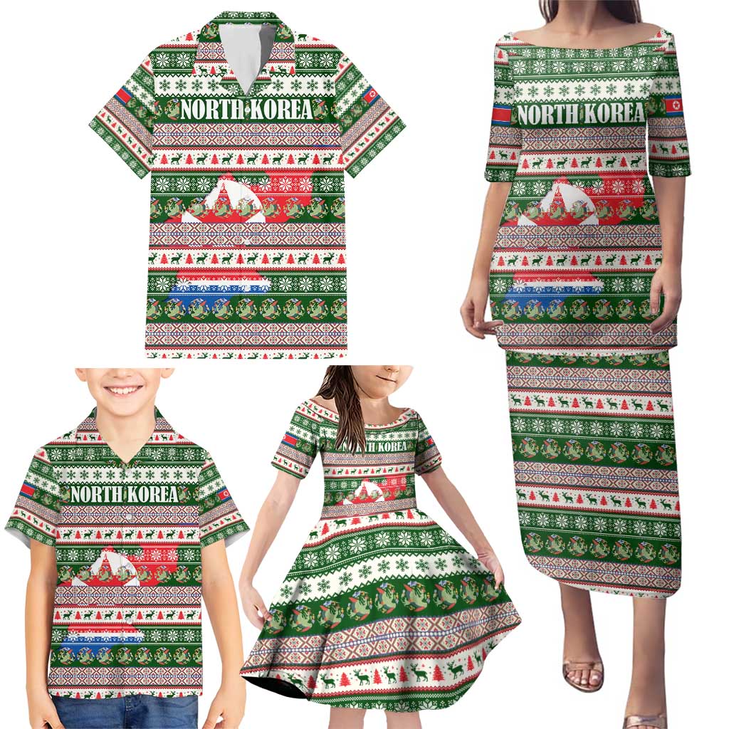 North Korea Christmas Family Matching Puletasi and Hawaiian Shirt with Green-Red Design, National Emblem, and Festive Snowflake Motif - Wonder Print Shop