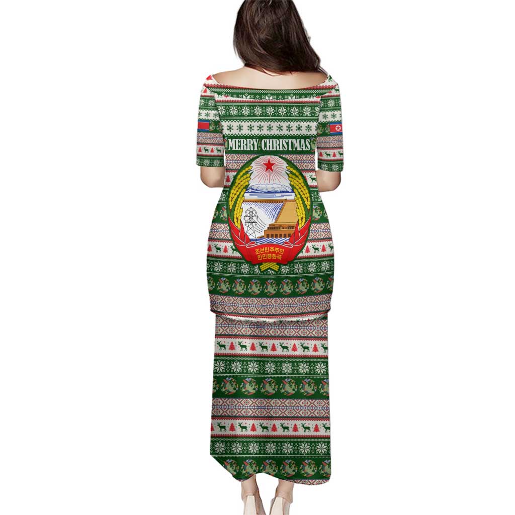 North Korea Christmas Family Matching Puletasi and Hawaiian Shirt with Green-Red Design, National Emblem, and Festive Snowflake Motif - Wonder Print Shop