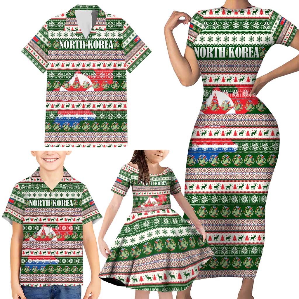 North Korea Christmas Family Matching Short Sleeve Bodycon Dress and Hawaiian Shirt with Green-Red Design, National Emblem, and Festive Snowflake Motif - Wonder Print Shop