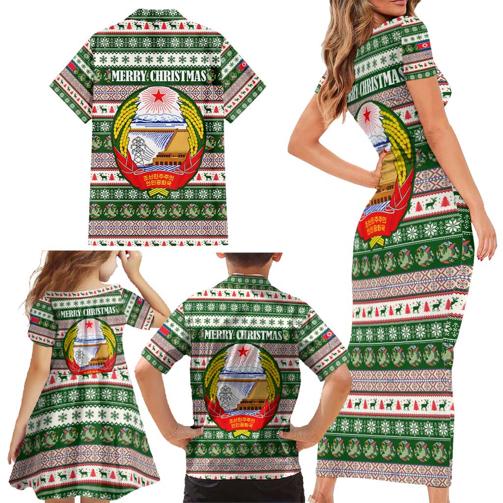 North Korea Christmas Family Matching Short Sleeve Bodycon Dress and Hawaiian Shirt with Green-Red Design, National Emblem, and Festive Snowflake Motif - Wonder Print Shop