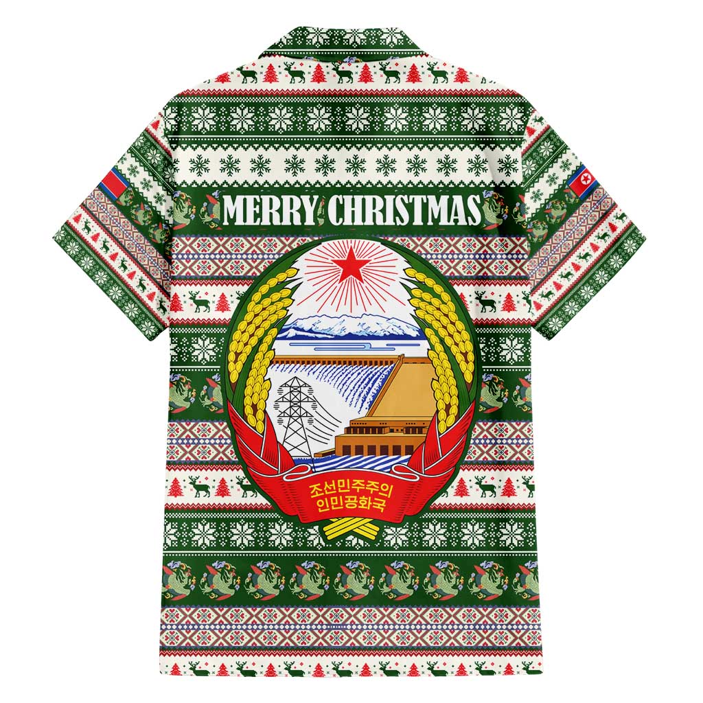North Korea Christmas Family Matching Short Sleeve Bodycon Dress and Hawaiian Shirt with Green-Red Design, National Emblem, and Festive Snowflake Motif - Wonder Print Shop