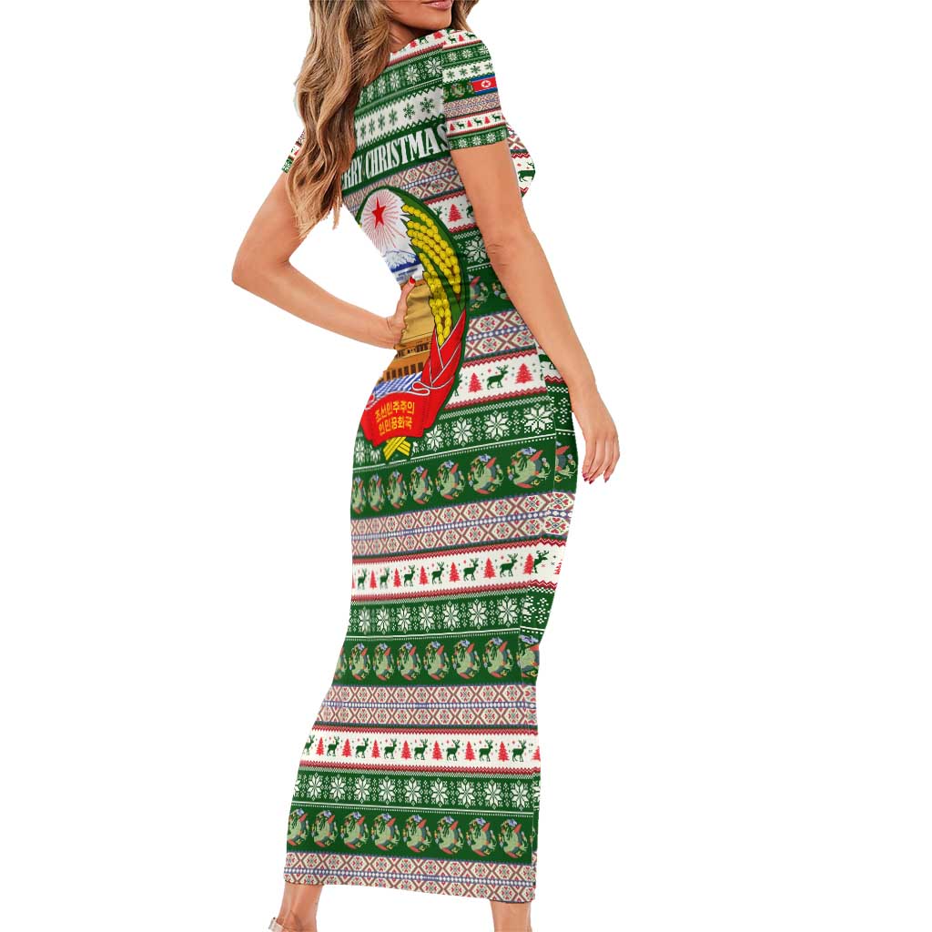 North Korea Christmas Family Matching Short Sleeve Bodycon Dress and Hawaiian Shirt with Green-Red Design, National Emblem, and Festive Snowflake Motif - Wonder Print Shop