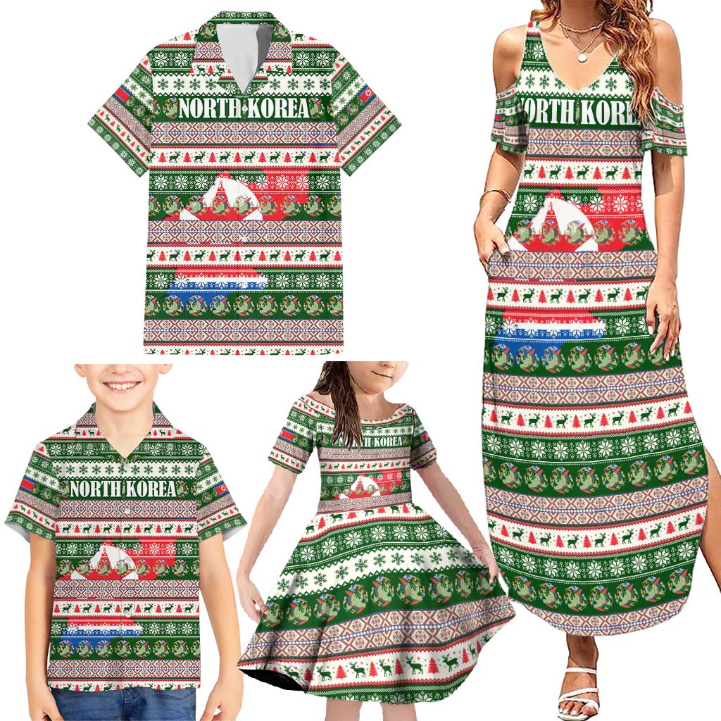 North Korea Christmas Family Matching Summer Maxi Dress and Hawaiian Shirt with Green-Red Design, National Emblem, and Festive Snowflake Motif - Wonder Print Shop