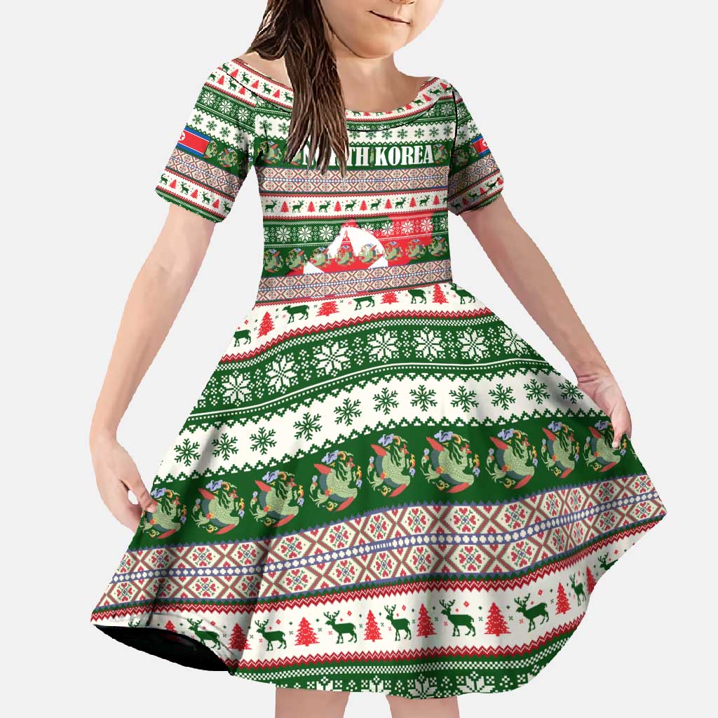 North Korea Christmas Family Matching Tank Maxi Dress and Hawaiian Shirt with Green-Red Design, National Emblem, and Festive Snowflake Motif - Wonder Print Shop