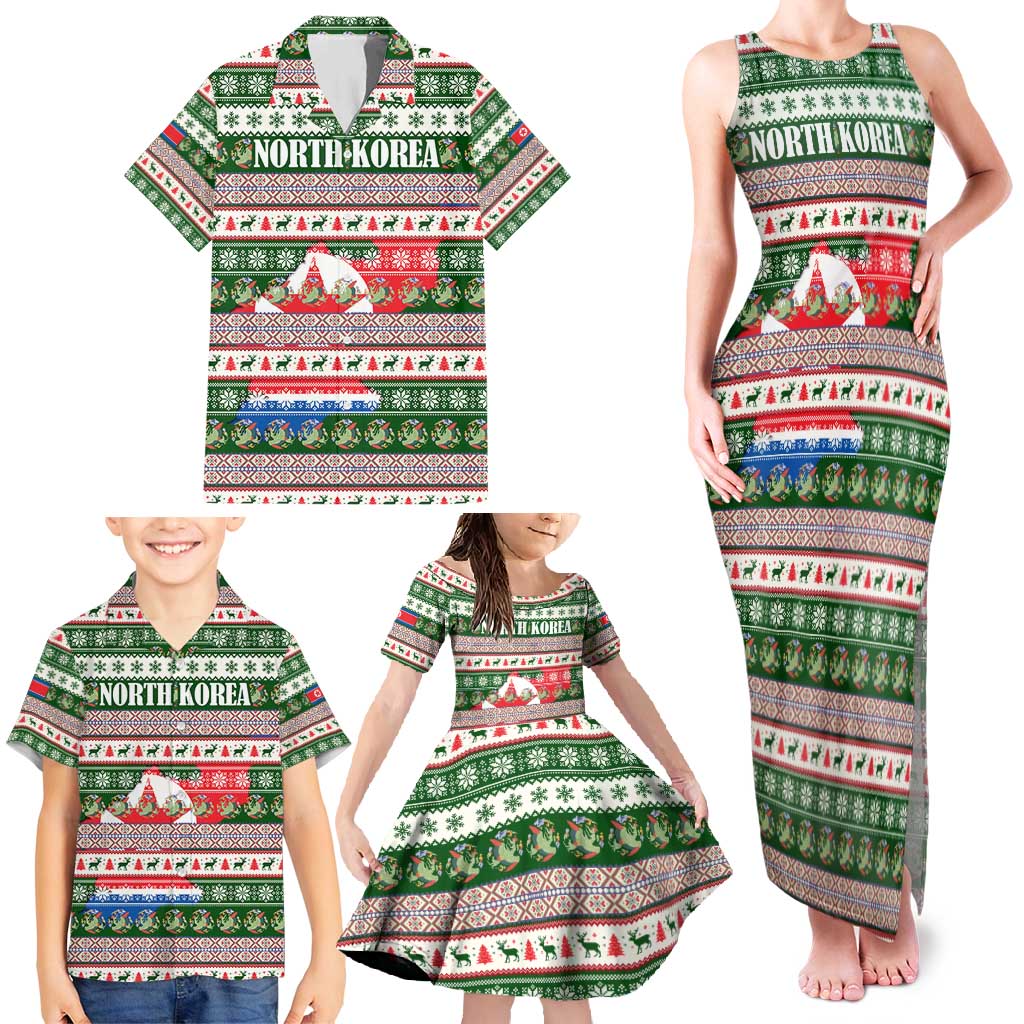 North Korea Christmas Family Matching Tank Maxi Dress and Hawaiian Shirt with Green-Red Design, National Emblem, and Festive Snowflake Motif - Wonder Print Shop