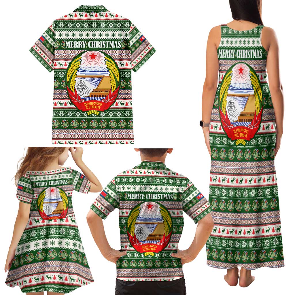North Korea Christmas Family Matching Tank Maxi Dress and Hawaiian Shirt with Green-Red Design, National Emblem, and Festive Snowflake Motif - Wonder Print Shop