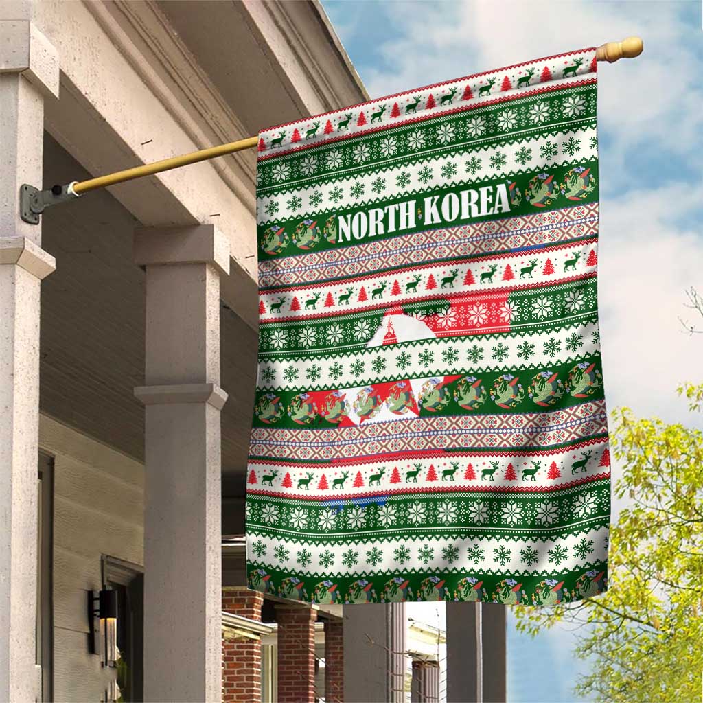North Korea Christmas Garden Flag with Green-Red Design, National Emblem, and Festive Snowflake Motif - Wonder Print Shop