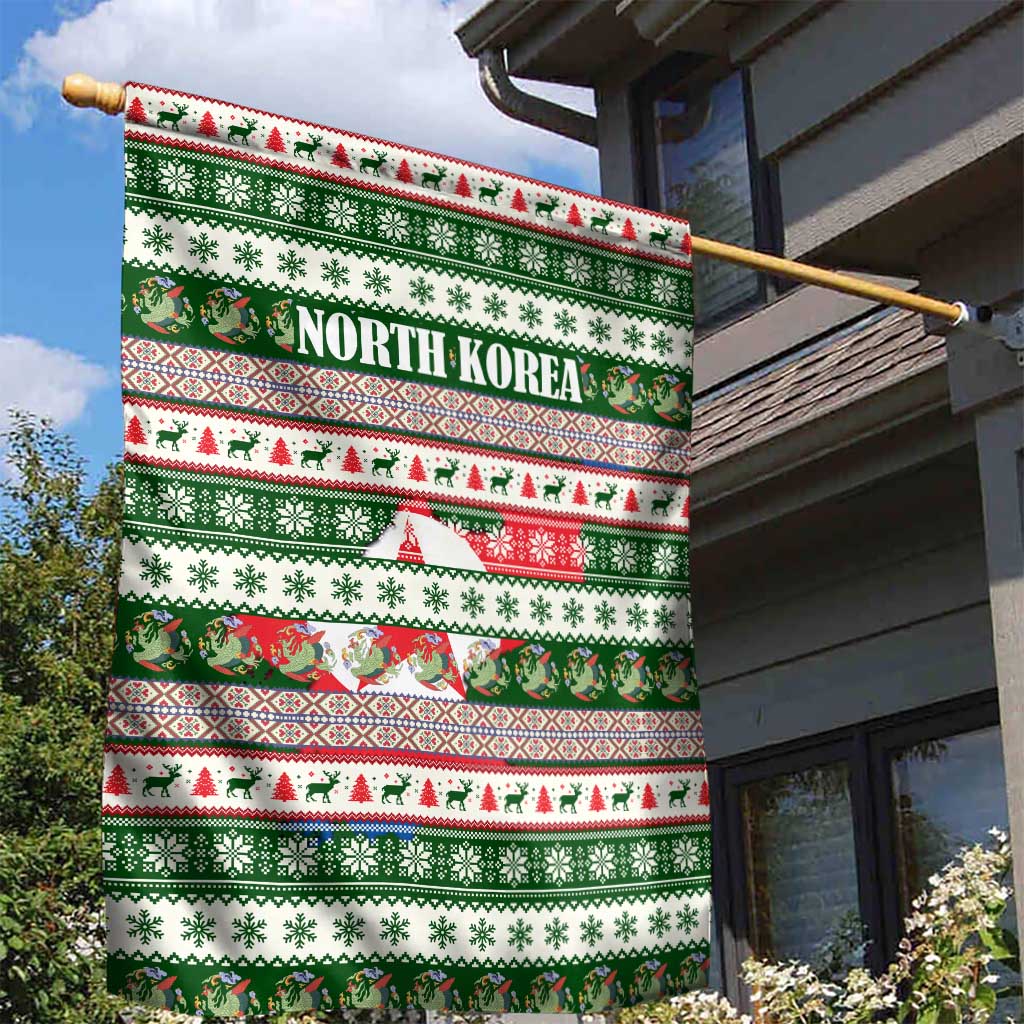North Korea Christmas Garden Flag with Green-Red Design, National Emblem, and Festive Snowflake Motif - Wonder Print Shop