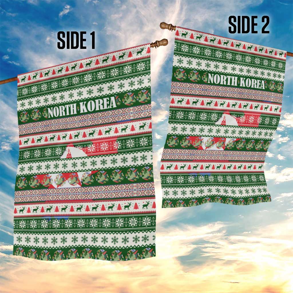 North Korea Christmas Garden Flag with Green-Red Design, National Emblem, and Festive Snowflake Motif - Wonder Print Shop