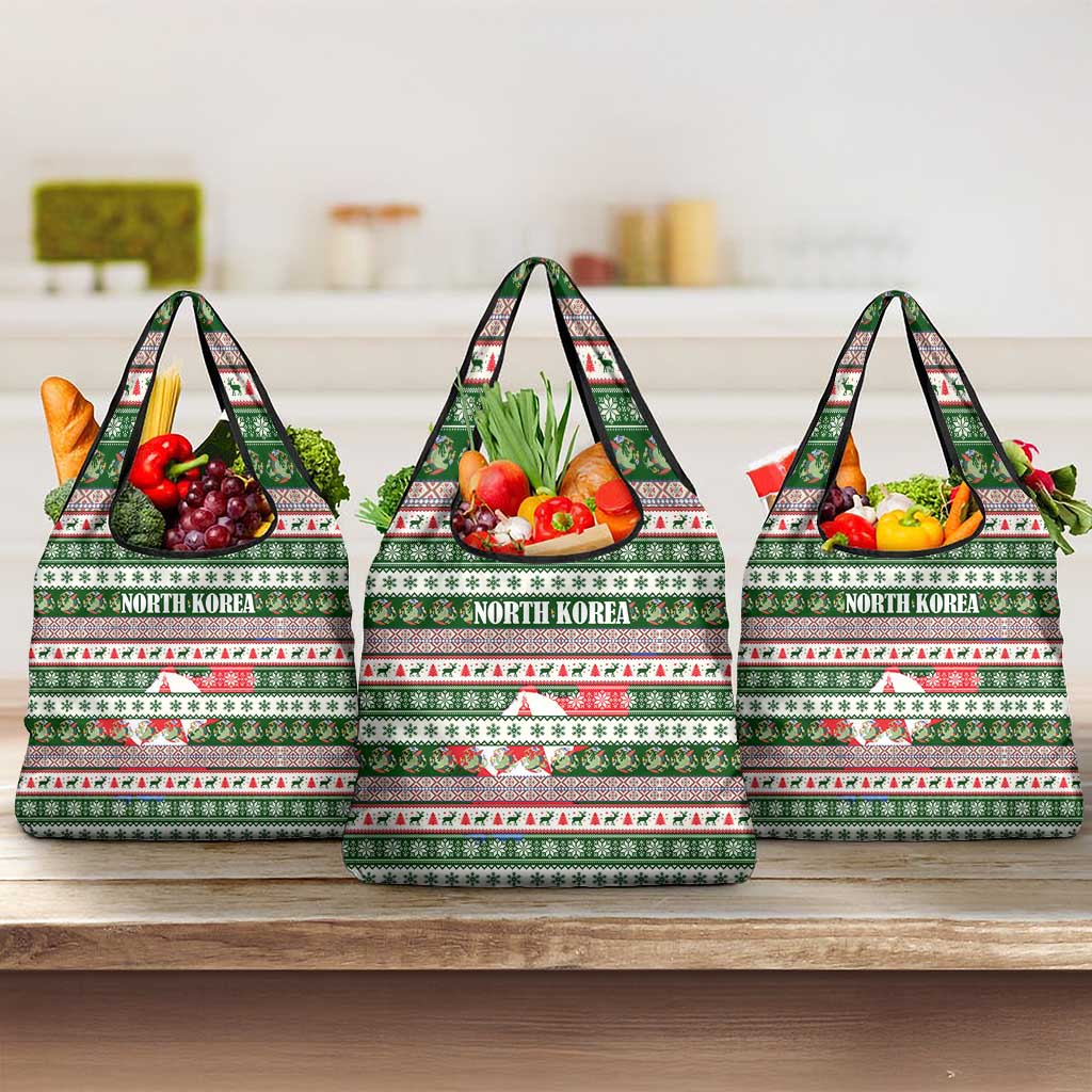 North Korea Christmas Grocery Bag with Green-Red Design, National Emblem, and Festive Snowflake Motif - Wonder Print Shop