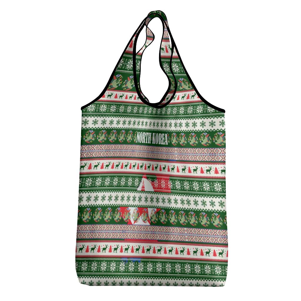North Korea Christmas Grocery Bag with Green-Red Design, National Emblem, and Festive Snowflake Motif - Wonder Print Shop
