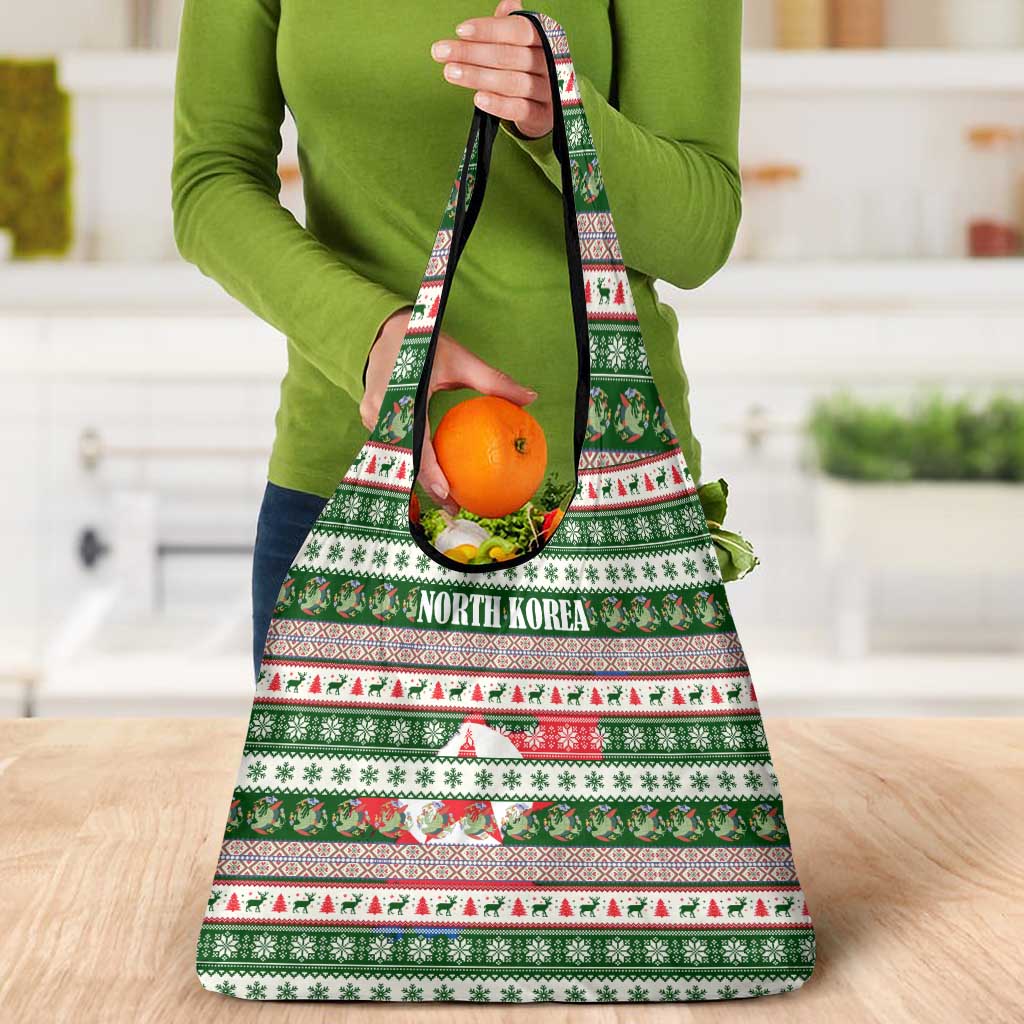 North Korea Christmas Grocery Bag with Green-Red Design, National Emblem, and Festive Snowflake Motif - Wonder Print Shop