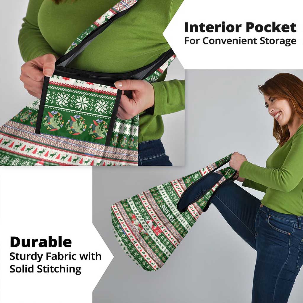 North Korea Christmas Grocery Bag with Green-Red Design, National Emblem, and Festive Snowflake Motif - Wonder Print Shop