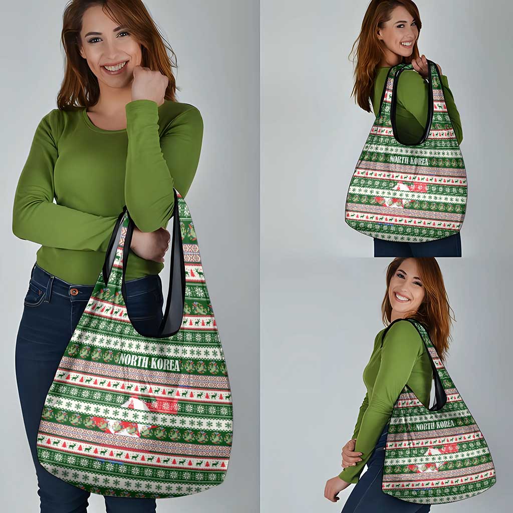 North Korea Christmas Grocery Bag with Green-Red Design, National Emblem, and Festive Snowflake Motif - Wonder Print Shop