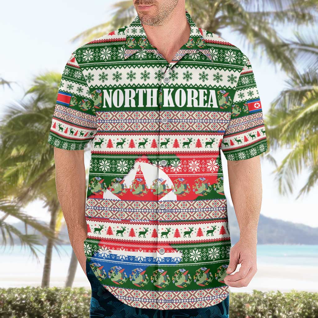 North Korea Christmas Hawaiian Shirt with Green-Red Design, National Emblem, and Festive Snowflake Motif - Wonder Print Shop