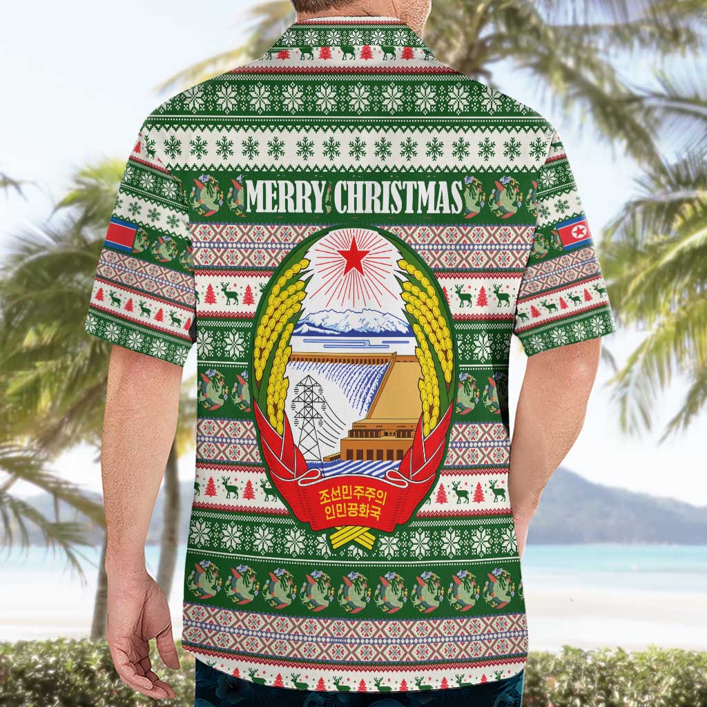 North Korea Christmas Hawaiian Shirt with Green-Red Design, National Emblem, and Festive Snowflake Motif - Wonder Print Shop