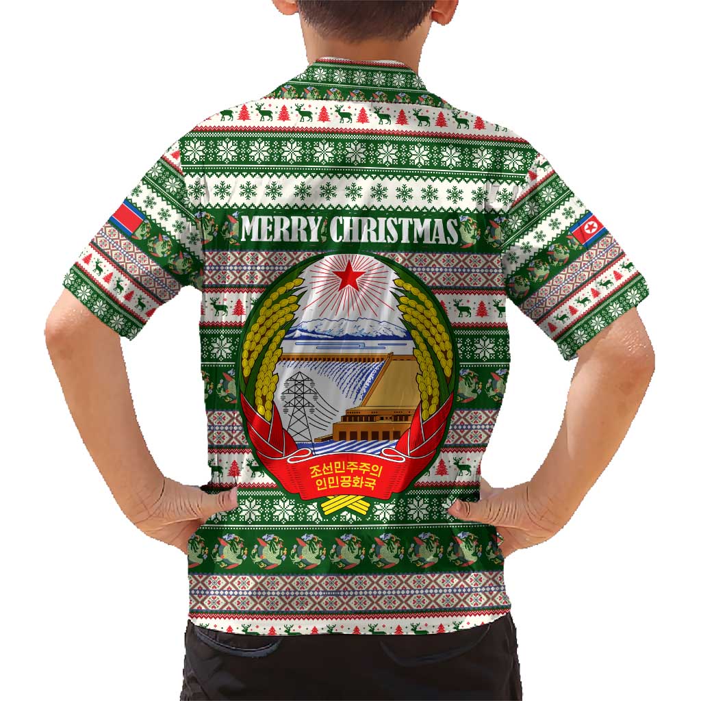 North Korea Christmas Hawaiian Shirt with Green-Red Design, National Emblem, and Festive Snowflake Motif - Wonder Print Shop