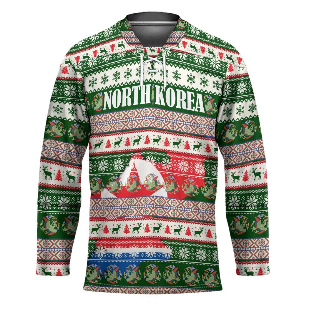 North Korea Christmas Hockey Jersey with Green-Red Design, National Emblem, and Festive Snowflake Motif - Wonder Print Shop