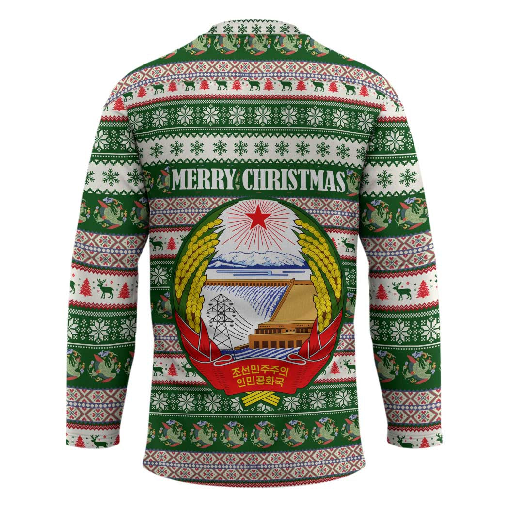 North Korea Christmas Hockey Jersey with Green-Red Design, National Emblem, and Festive Snowflake Motif - Wonder Print Shop