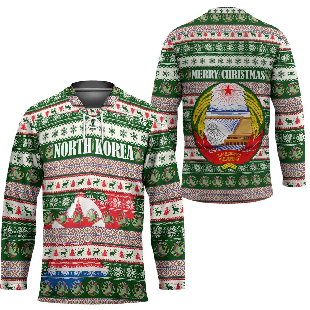 North Korea Christmas Hockey Jersey with Green-Red Design, National Emblem, and Festive Snowflake Motif - Wonder Print Shop