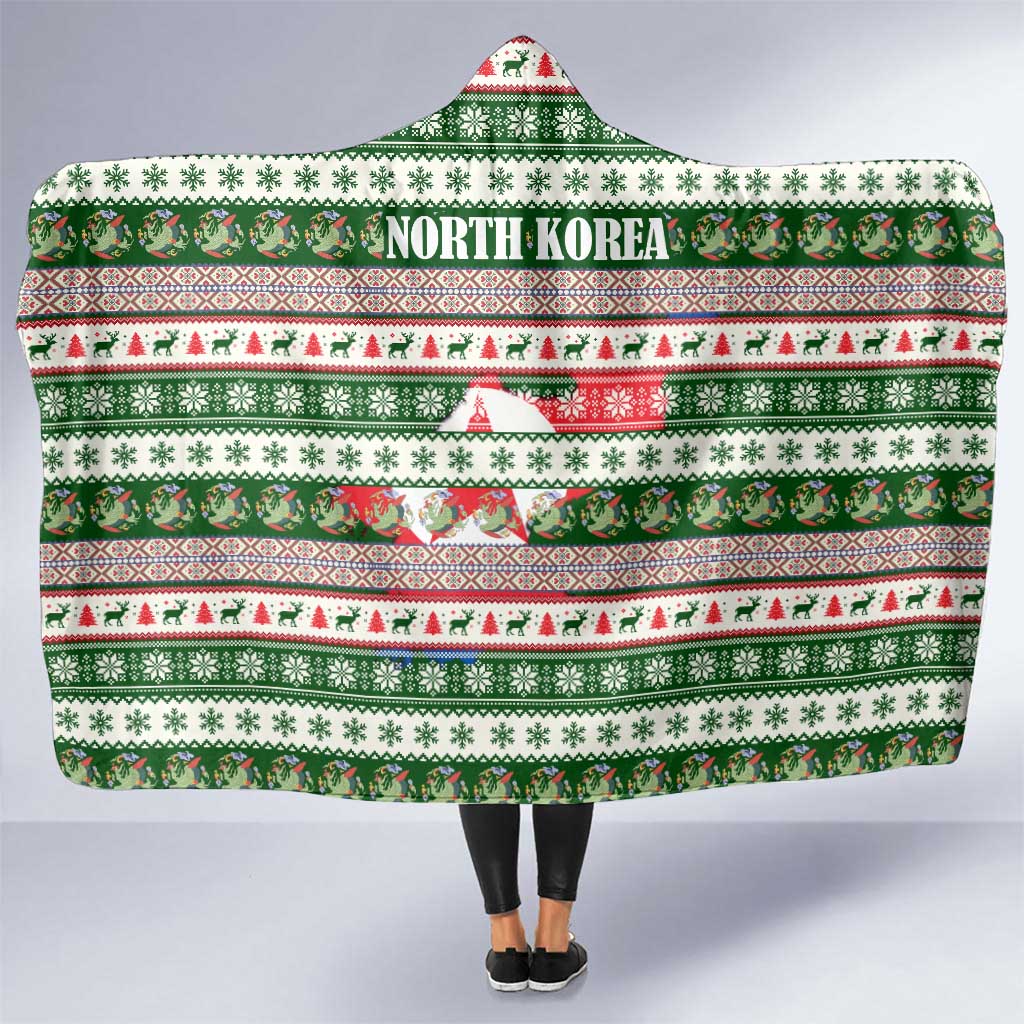 North Korea Christmas Hooded Blanket with Green-Red Design, National Emblem, and Festive Snowflake Motif - Wonder Print Shop