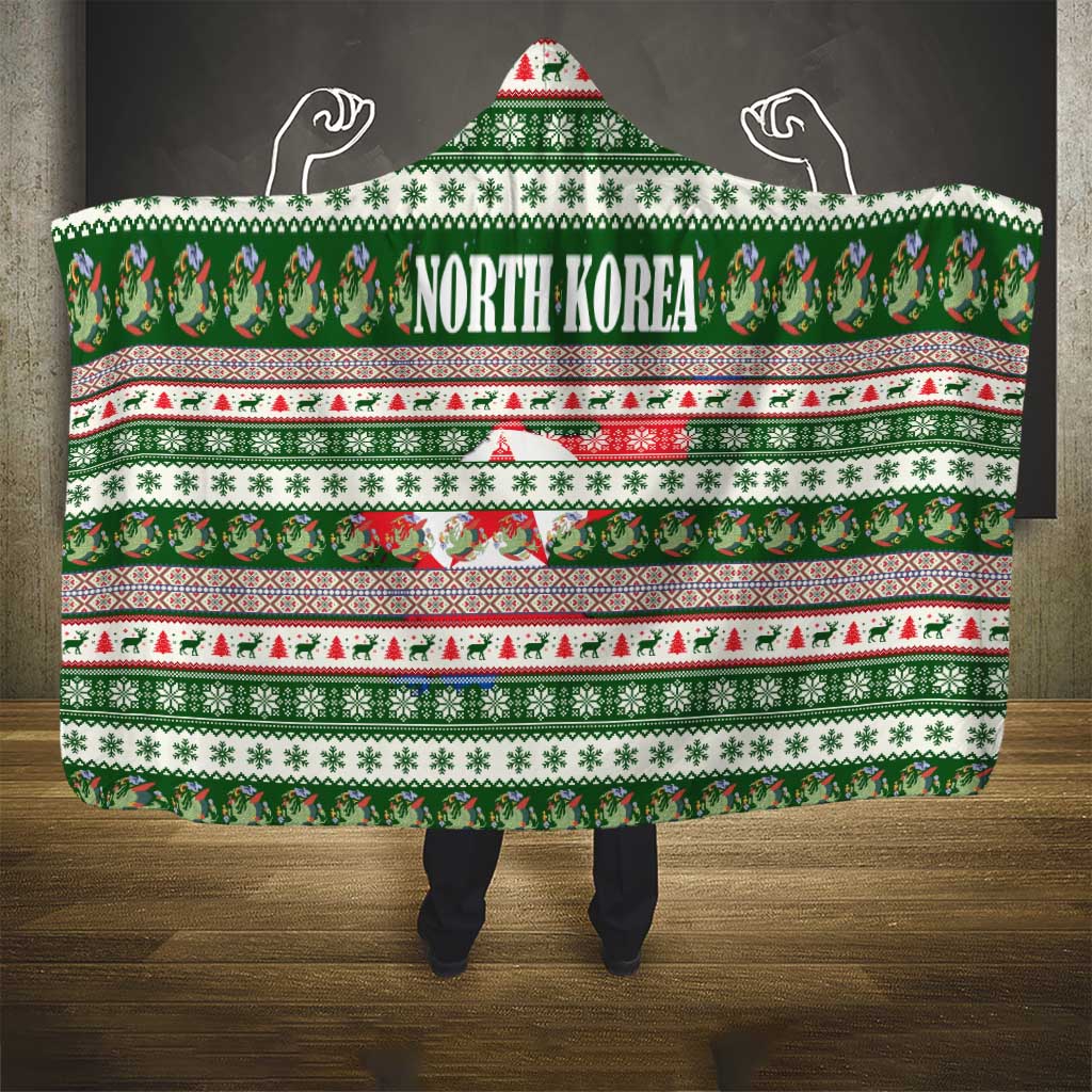 North Korea Christmas Hooded Blanket with Green-Red Design, National Emblem, and Festive Snowflake Motif - Wonder Print Shop