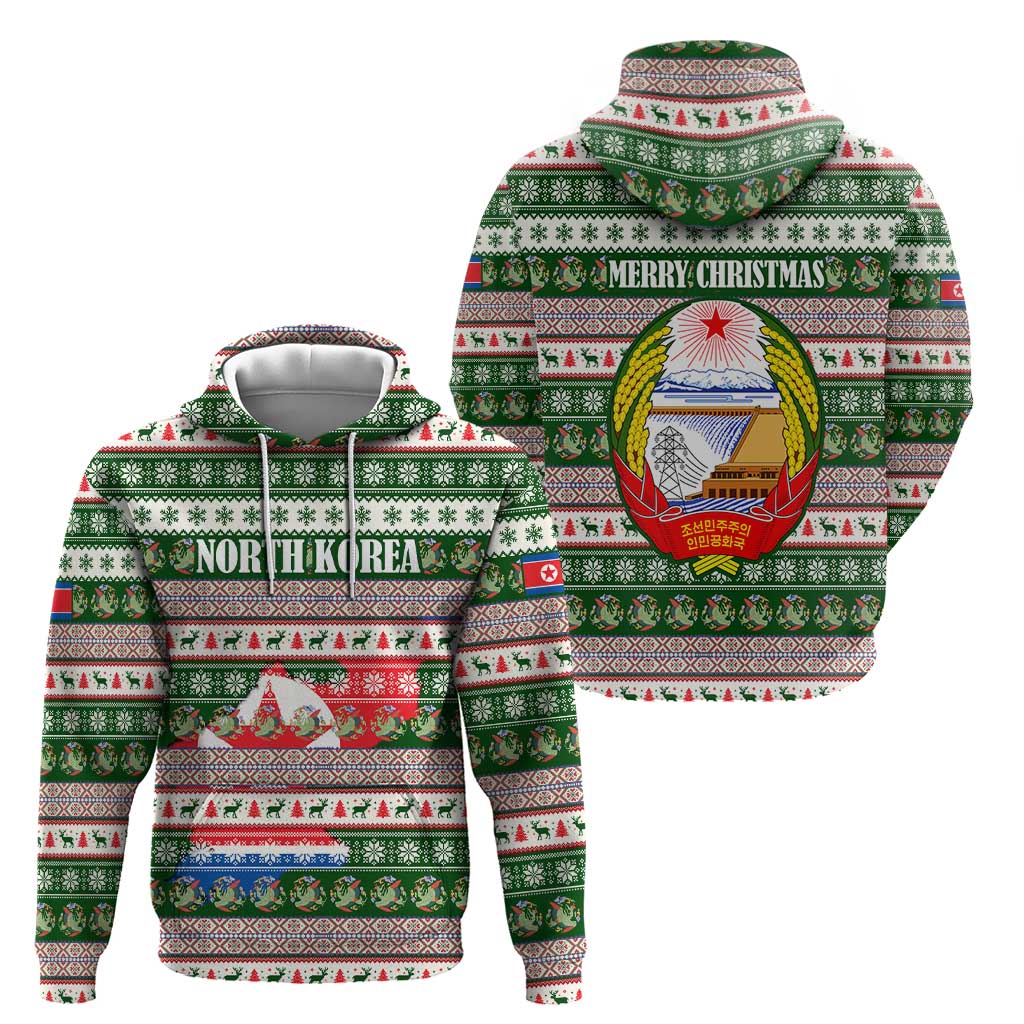 North Korea Christmas Hoodie with Green-Red Design, National Emblem, and Festive Snowflake Motif - Wonder Print Shop