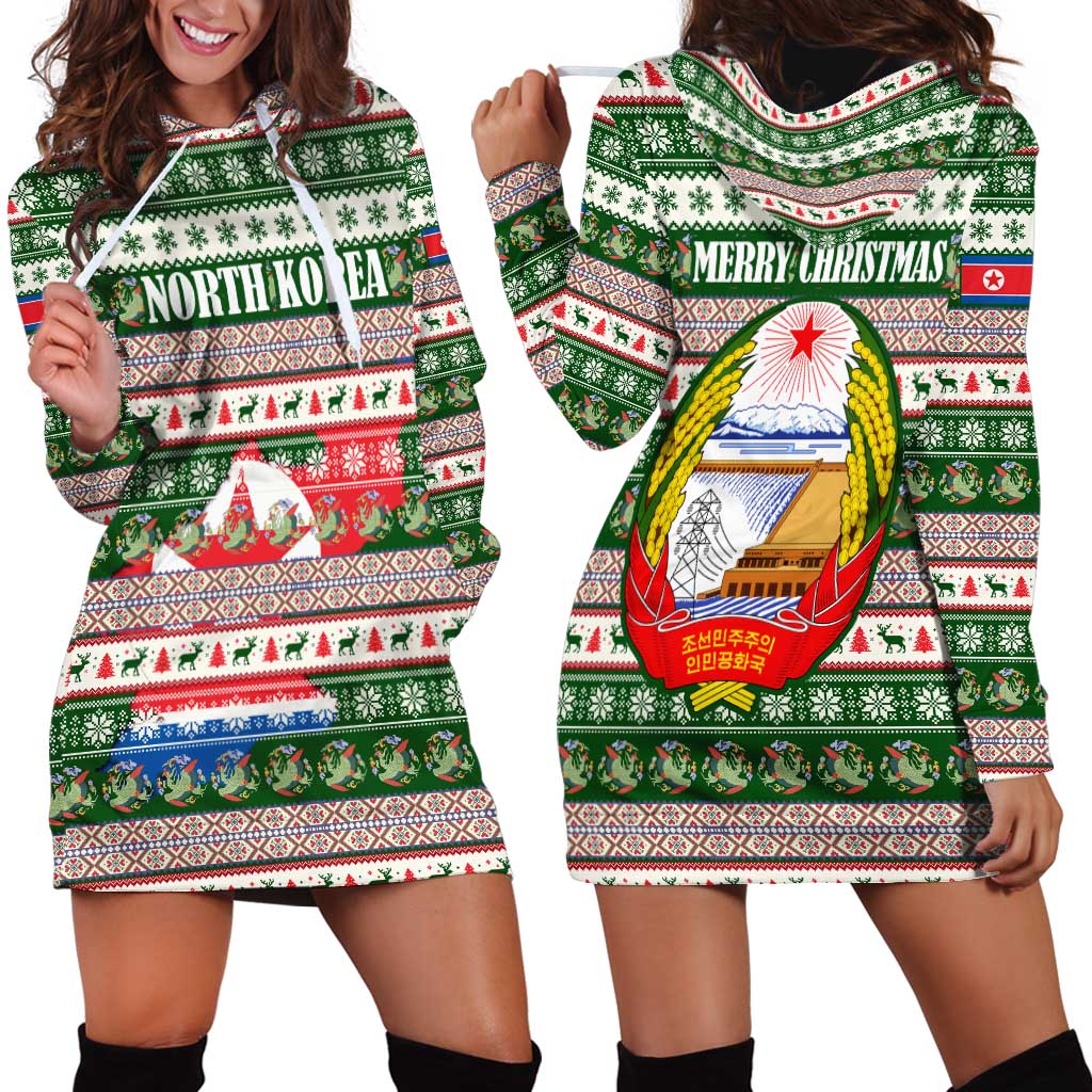 North Korea Christmas Hoodie Dress with Green-Red Design, National Emblem, and Festive Snowflake Motif - Wonder Print Shop