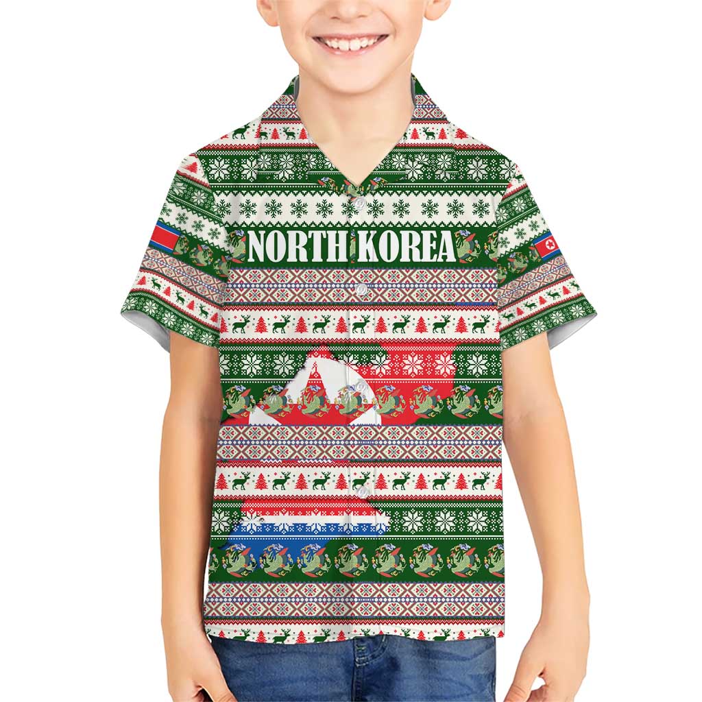 North Korea Christmas Kid Hawaiian Shirt with Green-Red Design, National Emblem, and Festive Snowflake Motif - Wonder Print Shop