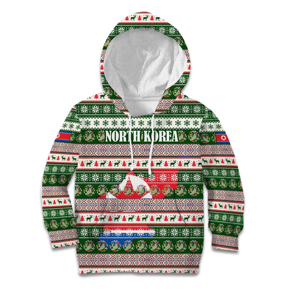 North Korea Christmas Kid Hoodie with Green-Red Design, National Emblem, and Festive Snowflake Motif - Wonder Print Shop