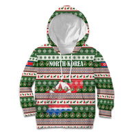 North Korea Christmas Kid Hoodie with Green-Red Design, National Emblem, and Festive Snowflake Motif - Wonder Print Shop