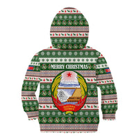 North Korea Christmas Kid Hoodie with Green-Red Design, National Emblem, and Festive Snowflake Motif - Wonder Print Shop