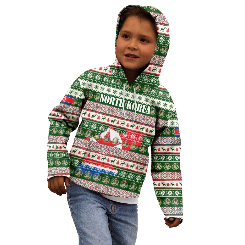 North Korea Christmas Kid Hoodie with Green-Red Design, National Emblem, and Festive Snowflake Motif - Wonder Print Shop