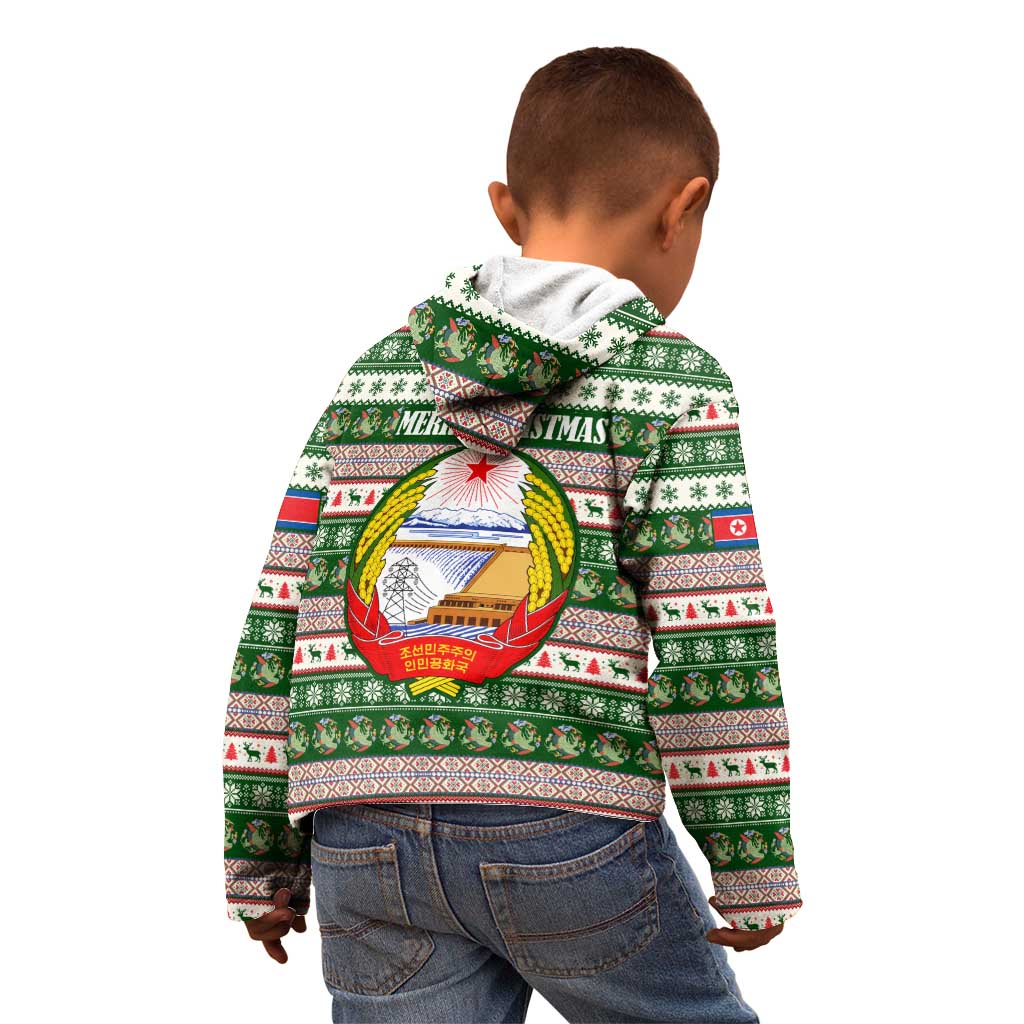 North Korea Christmas Kid Hoodie with Green-Red Design, National Emblem, and Festive Snowflake Motif - Wonder Print Shop