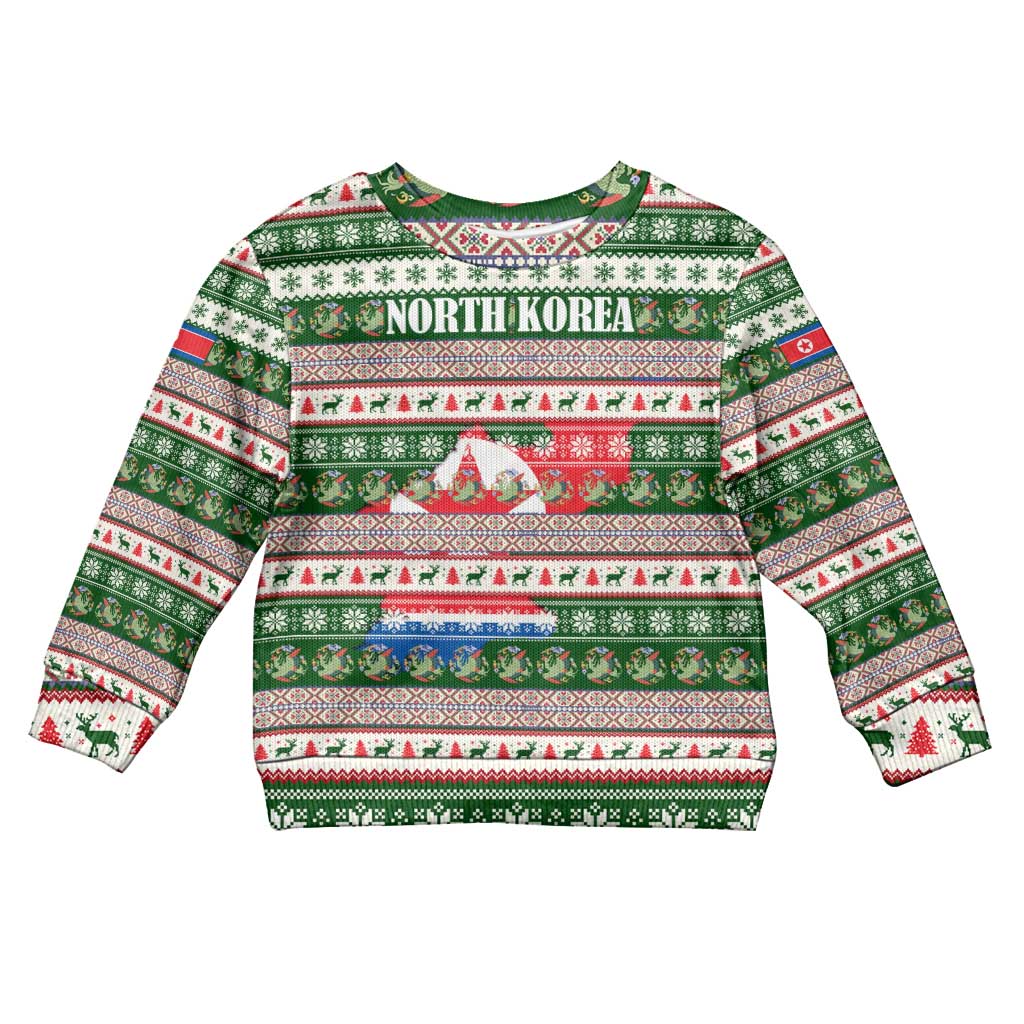 North Korea Christmas Kid Ugly Christmas Sweater with Green-Red Design, National Emblem, and Festive Snowflake Motif - Wonder Print Shop